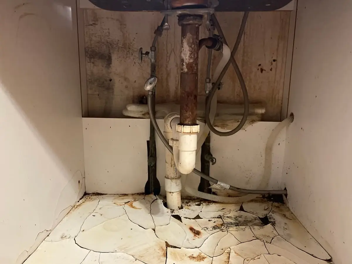 Selling a house with mold in Centereach: rotted cabinet floor and leaking pipes under a sink